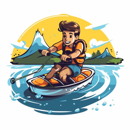 Illustration for Young man rowing on a boat in the river. Vector illustration. - Royalty Free Image