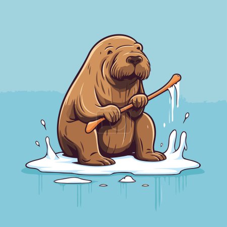 Téléchargez les illustrations : Illustration vectorielle d'un ours brun assis sur une banquise et tenant un bâton - en licence libre de droit