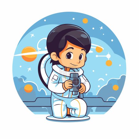 Illustration for Cute little astronaut boy in spacesuit with camera. Vector illustration. - Royalty Free Image