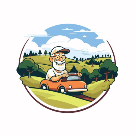 Téléchargez les illustrations : Dessin animé vieil homme conduisant une voiture dans la forêt. Illustration vectorielle. - en licence libre de droit