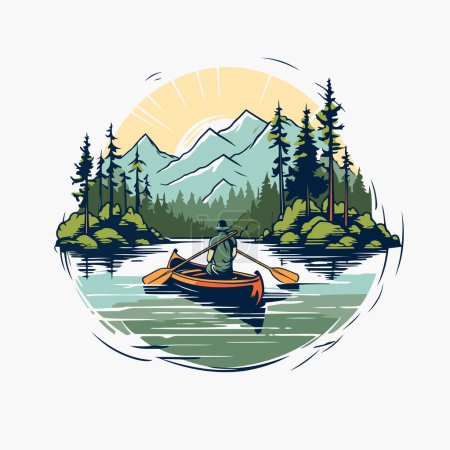 Illustration for Kayaking on the lake in the mountains. Vector illustration of a man in a canoe. - Royalty Free Image