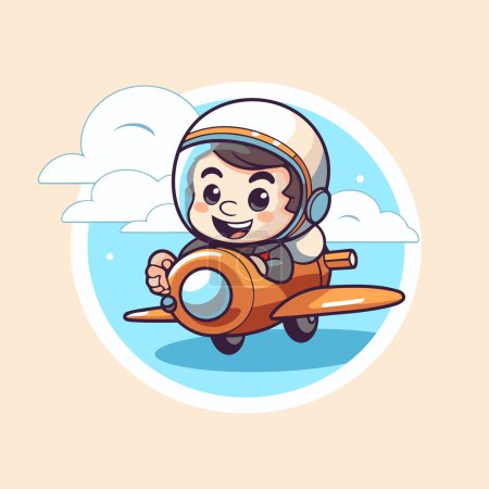 Illustration for Cute little boy in space suit flying on an airplane. Vector illustration. - Royalty Free Image