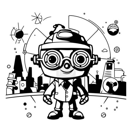 Black and White Cartoon Illustration of Cute Little Boy Astronaut Character