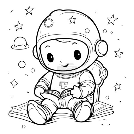Téléchargez les illustrations : Livre à colorier pour enfants : astronaute assis sur le livre. Illustration vectorielle. - en licence libre de droit