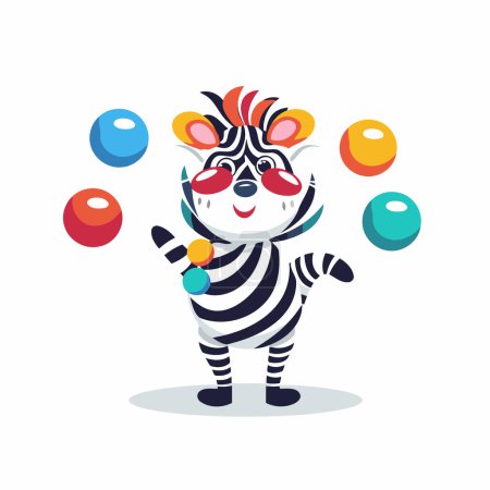 Téléchargez les illustrations : Clown zèbre dessin animé mignon avec des boules colorées. Illustration vectorielle. - en licence libre de droit