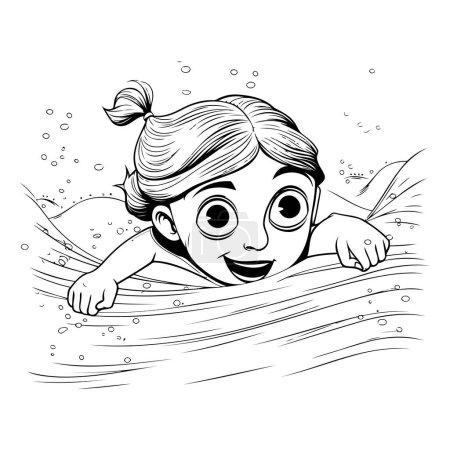 Illustration for Cute little girl swimming in the sea. Black and white vector illustration. - Royalty Free Image