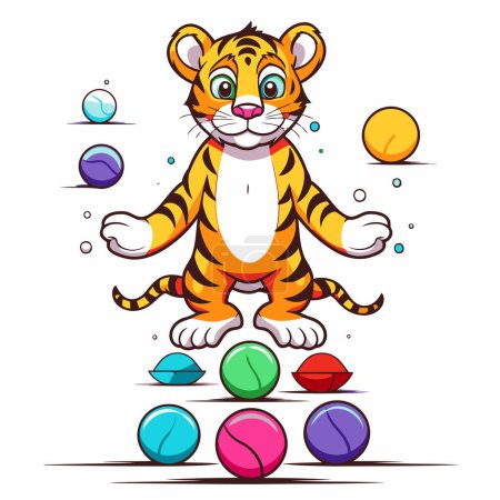 Illustration for Cute tiger playing with multicolored balls. Vector illustration. - Royalty Free Image