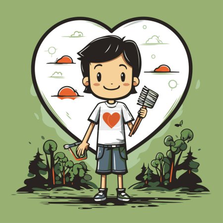 Illustration for Boy holding a rake and a heart on a green background. Vector illustration. - Royalty Free Image