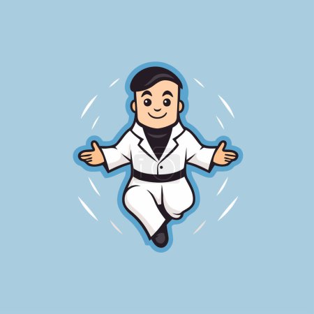 Taekwondo-Zeichentrickfigur. Vektorabbildung auf blauem Hintergrund.
