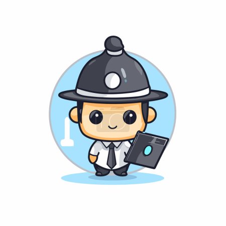 Téléchargez les illustrations : Illustration de bande dessinée d'un policier tenant un smartphone. Design de caractère mignon. - en licence libre de droit