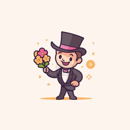 Illustration for Cute gentleman with bouquet of flowers. Vector illustration in cartoon style - Royalty Free Image