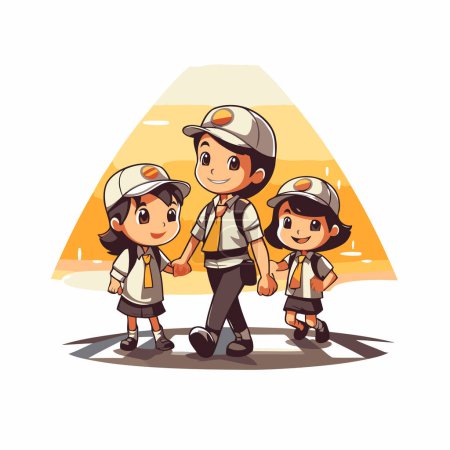 Illustration for Cartoon vector illustration of a group of kids in school uniform walking together. - Royalty Free Image