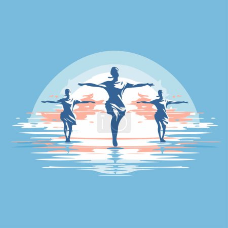 Téléchargez les illustrations : Danser homme et femme dans la mer au coucher du soleil. Illustration vectorielle. - en licence libre de droit