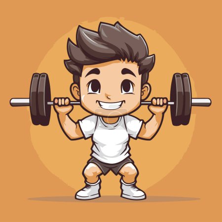 Illustration for Fitness boy lifting barbell. Vector illustration of a cartoon character. - Royalty Free Image