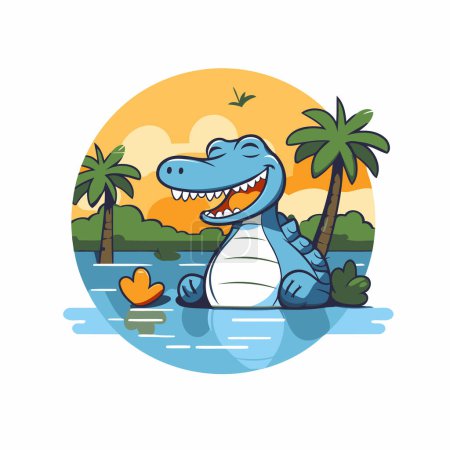 Téléchargez les illustrations : Mignon crocodile dessin animé sur la plage. Illustration vectorielle en style plat - en licence libre de droit