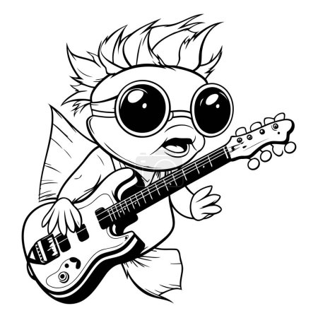 Téléchargez les illustrations : Un garçon hippie jouant de la guitare. Illustration vectorielle noir et blanc. - en licence libre de droit