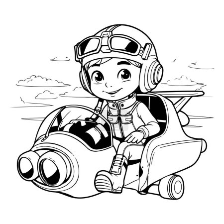 Illustration for Black and White Cartoon Illustration of Cute Little Boy Pilot Character Wearing Pilot Helmet Driving a Spaceship - Royalty Free Image