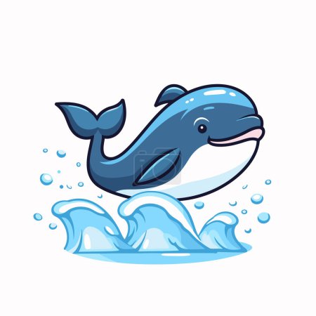 Ilustración de Linda ballena de dibujos animados en el océano. Ilustración vectorial aislada sobre fondo blanco. - Imagen libre de derechos