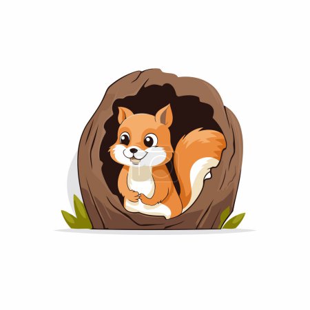Illustration for Cute cartoon squirrel sitting in a hole. Vector illustration on white background. - Royalty Free Image