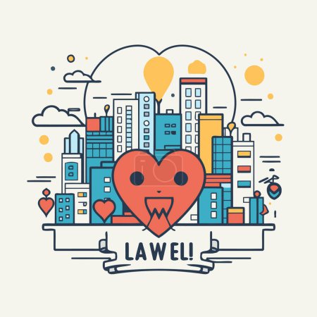 Illustration for Line art vector illustration of love city in flat linear style. Concept for web and print. - Royalty Free Image
