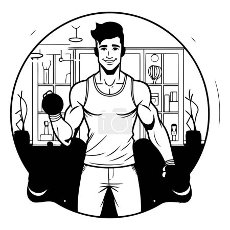 Illustration for Vector illustration of a young man doing fitness exercises in the gym. - Royalty Free Image