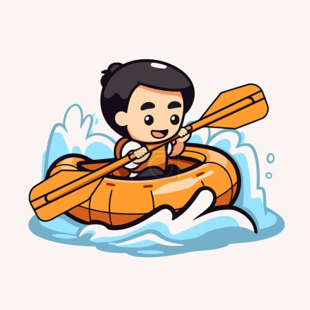 Illustration for Cute boy rowing a canoe in the sea. vector illustration - Royalty Free Image