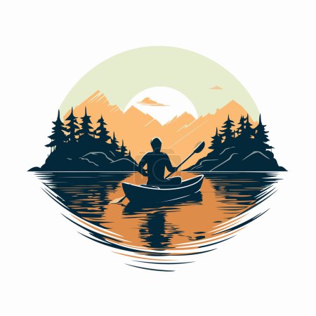 Kajakfahren im See. Vektorillustration eines Mannes beim Kajakfahren auf dem See.