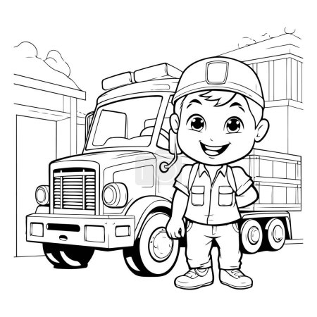 Illustration for Black and White Cartoon Illustration of Little Boy in Uniform with Big Truck or Truck for Coloring Book - Royalty Free Image