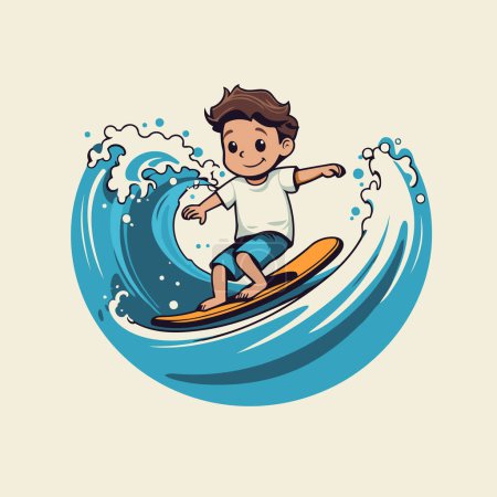 Illustration for Surfer boy on a wave. Vector illustration of a cartoon character. - Royalty Free Image