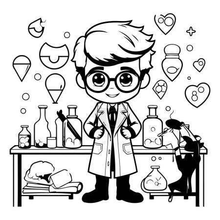 Illustration for Vector illustration of a boy in a lab coat and glasses. Black and white. - Royalty Free Image