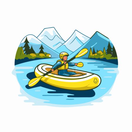 Illustration for Kayaking on the mountain lake. Vector illustration in cartoon style. - Royalty Free Image