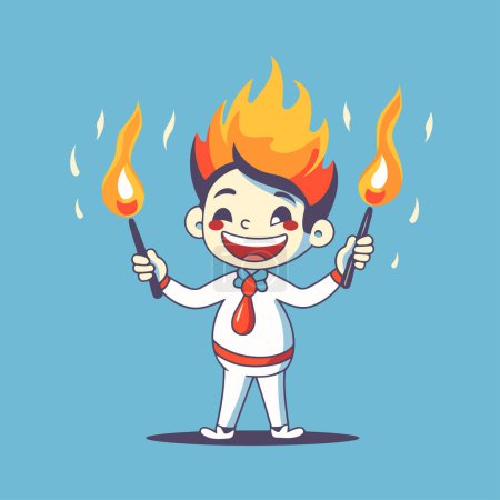 Téléchargez les illustrations : Homme d'affaires personnage de dessin animé tenant une torche brûlante. Illustration vectorielle. - en licence libre de droit
