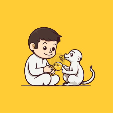 Illustration for Little boy feeding a dog. Vector cartoon illustration isolated on yellow background. - Royalty Free Image