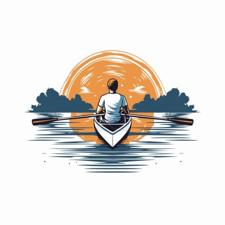 Ilustración de Un hombre remando en un bote en el lago. Ilustración vectorial. - Imagen libre de derechos