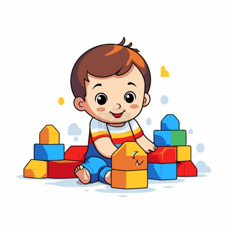 Illustration for Cute little boy playing with colorful building blocks. Vector illustration. - Royalty Free Image