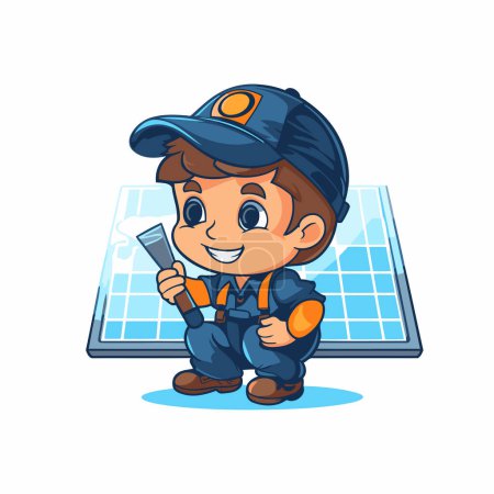 Illustration for Cartoon little boy in uniform and helmet with tool. Vector illustration - Royalty Free Image