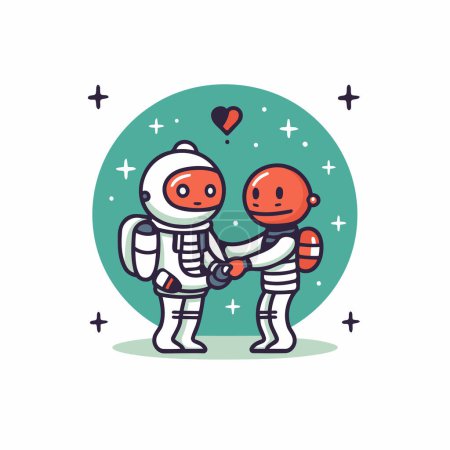 Téléchargez les illustrations : Mignon robot et astronaute dans l'espace. Illustration vectorielle en style plat - en licence libre de droit