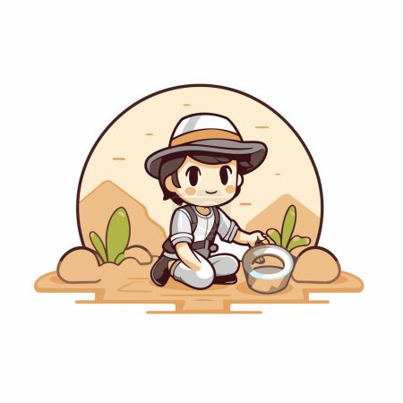 Ilustración de Lindo chico con sombrero de safari sentado en la arena. Ilustración vectorial - Imagen libre de derechos