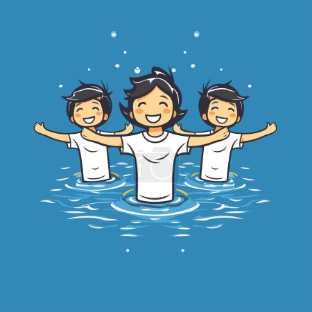 Téléchargez les illustrations : Des enfants nagent dans la piscine. Illustration vectorielle en style dessin animé sur fond bleu. - en licence libre de droit