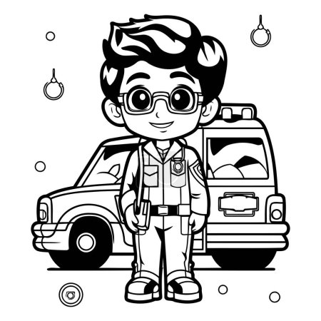 Téléchargez les illustrations : Joli garçon en uniforme de police avec voiture de police. Illustration vectorielle. - en licence libre de droit