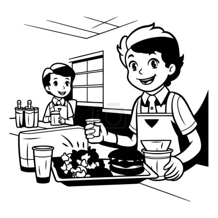 Téléchargez les illustrations : Homme et femme cuisinent au café. Illustration vectorielle. Noir et blanc. - en licence libre de droit