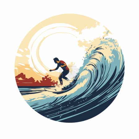 Ilustración de Surfista en la ola. Ilustración vectorial en estilo de diseño retro. - Imagen libre de derechos