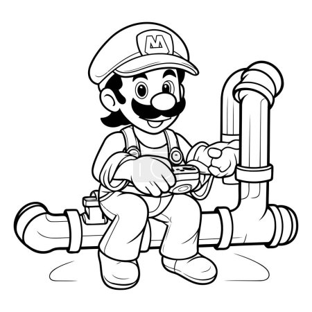 Illustration for Plumber with Pipe - Black and White Cartoon Illustration. Vector - Royalty Free Image