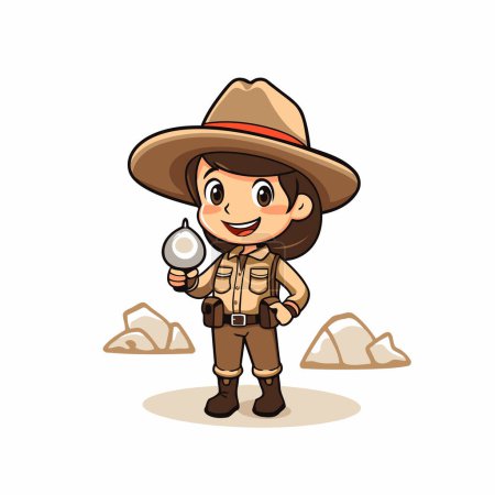 Téléchargez les illustrations : Mignon explorateur safari dessin animé tenant un vecteur loupe Illustration - en licence libre de droit