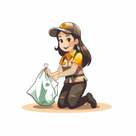Téléchargez les illustrations : Illustration vectorielle d'une femme en uniforme avec un sac d'ordures. - en licence libre de droit