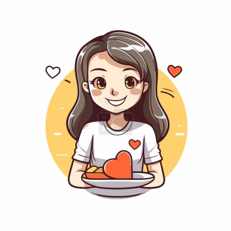 Illustration for Cute girl holding plate with heart. Vector illustration in cartoon style. - Royalty Free Image