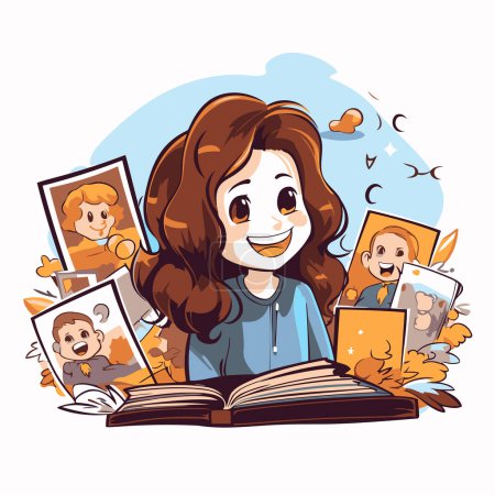 Téléchargez les illustrations : Jolie petite fille lisant le livre. Illustration vectorielle dans le style dessin animé. - en licence libre de droit