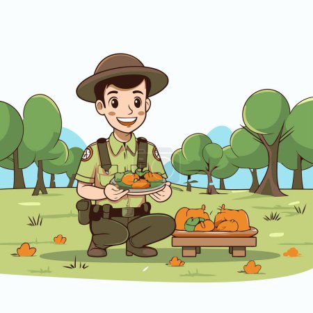 Ilustración de Granjero con calabazas en el parque. Dibujos animados vector ilustración. - Imagen libre de derechos