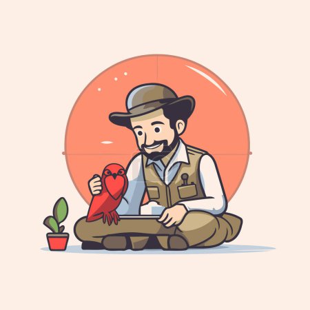 Illustration for Illustration of a detective sitting on the ground with a parrot - Royalty Free Image