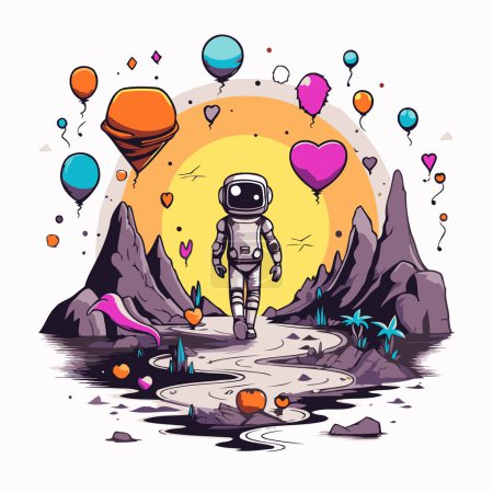 Illustration for Cute cartoon vector illustration of a cute alien in the sea with hot air balloons - Royalty Free Image